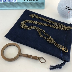 Antique Finish Brass Magnifying Glass w/ Optional 27&quot; Chain & Bag - Mini Monocle Necklace - Page Reader Magnifier
