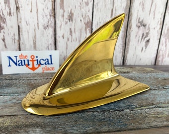 Solid Brass Shark Fin Paperweight - Nautical Desk Decor - Fish Figurine