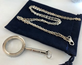 Silver Finish Brass Magnifying Glass w/ Optional 27" Chain & Velour Bag - Mini Magnifier - Old Vintage Antique Style - Christmas Gift