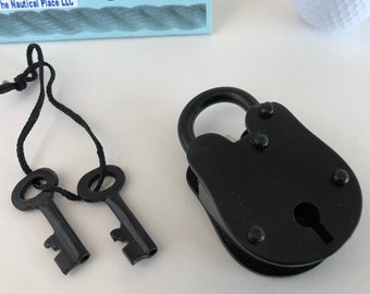 Old Style Lock and Keys - Vintage Antique Style - Police Jailer - Medieval Costume, Pirate Chest - Black Iron Working Padlock - 2.75”