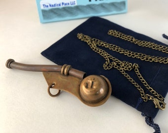 Antique Finish Brass Boatswain Whistle w/ Optional 27" Chain & Bag - Nautical Navy Bosun Call Pipe - Old Vintage Style - Christmas Gift