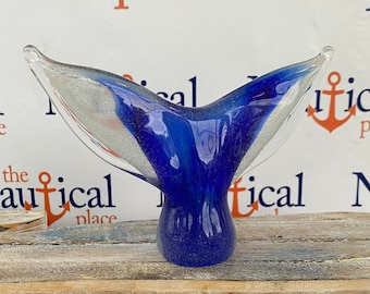 7.5" Glass Whale Tail Figurine - 1 lb. - Blue Accents - Hand Blown Nautical Paperweight - Coastal, Tropical, Beach Decor