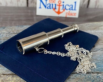 Silver Finish Brass Pocket Telescope w/ Optional 27" Chain & Velour Bag - Miniature Hand Held Nautical Spyglass - Christmas Gift