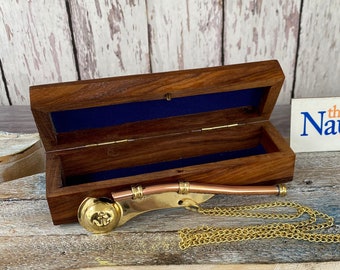 Brass / Copper Boatswain Whistle w Chain & Wood Box - Bosun Call Pipe Necklace - Navy Captain - Old Vintage Style - Nautical Maritime