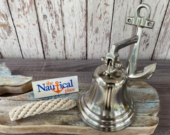 7" Anchor Ship Bell w/ Rope Lanyard - Silver / Chrome Finish - Nautical Maritime Wall Decor