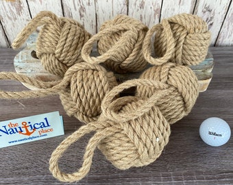 3.5" Monkey Fist Knot Ball w/ Hanger Loop - Handmade Jute Rope Sailor Knot - Natural Tan - Nautical Decoration For Bowls - Monkeyfist