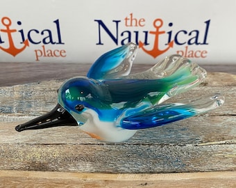 6.5" Glass Hummingbird Figurine - 12oz - Green & Blue Accents - Hand Blown Nautical Paperweight - Coastal, Tropical, Beach Decor