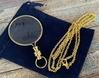 Magnifying Glass Necklace w/ Optional 27" Chain & Bag - Round Monocle - Old Vintage Antique Style Page Reader - Brass Mini Magnifier Pendant