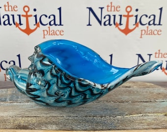 7.5" Glass Shell Figurine - 1 lb. - Aqua & Black Swirl Accents - Hand Blown Nautical Paperweight - Coastal, Tropical, Beach Decor