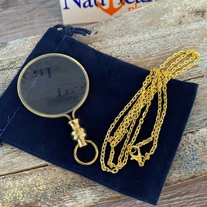 Magnifying Glass Necklace w/ Optional 27" Chain & Bag - Round Monocle - Old Vintage Antique Style Page Reader - Brass Mini Magnifier Pendant