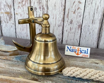 Anchor Ship Bell w/ Rope Lanyard - Antique Brass Finish - Nautical Maritime Wall Decor