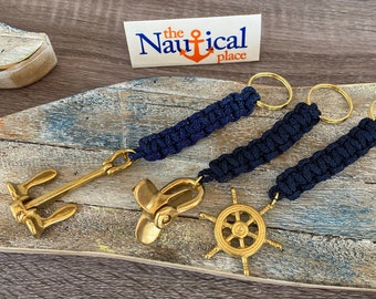 Rope Bell Pull w/ Brass Ship Wheel, Anchor, Propeller - Braided Knot Lanyard Key Chain - Hand Tied Sailor Bellpull - Navy Blue Keychain