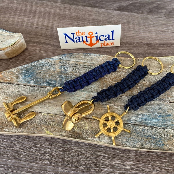 Rope Bell Pull w/ Brass Ship Wheel, Anchor, Propeller - Braided Knot Lanyard Key Chain - Hand Tied Sailor Bellpull - Navy Blue Keychain