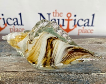 5" Glass Shell Figurine - 12oz - Brown & White Accents - Hand Blown Nautical Paperweight - Coastal, Tropical, Beach Decor