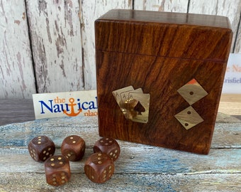 Wood Dice Set With Brass Inlaid Box - Dice & Card Deck Holder - Collectible Game Gift