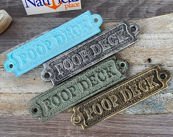 Poop Deck Sign - Antique Brass, Silver, Light Blue Finish - Nautical Decor - Cast Iron Wall Plaque - Boat Cabin Door