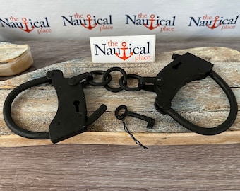 Iron Hand Cuffs and Key - Old Vintage Style Shackles - Police Jailer Handcuffs - Antique Medieval Cosplay Prop Restraints