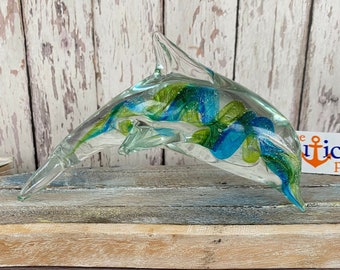 7.5" Glass Blue & Green Swirl Dolphin Figurine - Hand Blown Nautical Paperweight - Coastal, Tropical, Beach Decor - Tabletop Decorations