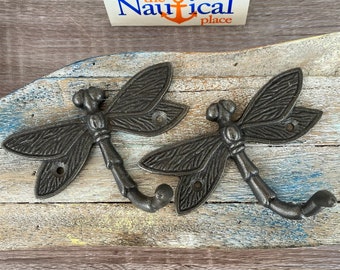 Cast Iron Dragonfly Wall Hooks - Original Oil Rubbed Dark Worn Aged Patina - Decorative Coat, Hat Dragon Fly Hook -Single, Set of 2, 4, or 6