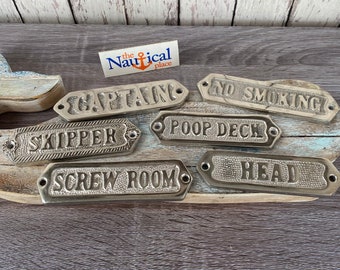 Nautical Door Signs - Silver Color - Poop Deck, Head, Screw Room, Captain, Skipper, No Smoking - Nautical Decor Wall Plaque - Boat Cabin