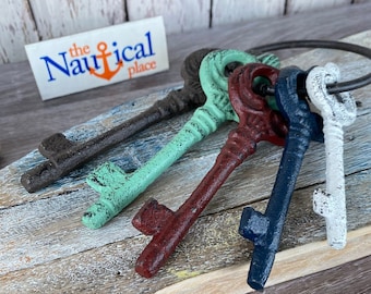 5 x Victorian Keys On Ring - Cast Iron Decorative Skeleton Key Set - Old Vintage Antique Design - Red, White, Blue, Green