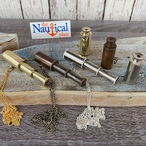 Collier télescope en laiton - finition antique, argent, or avec chaîne de 27" et sac en option - porte-clés nautique miniature - cadeau steampunk pour lui