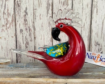 8.5" Glass Parrot Figurine / Hand Blown Nautical Paperweight -  Coastal, Tropical, Beach Decor - Tabletop Decorations