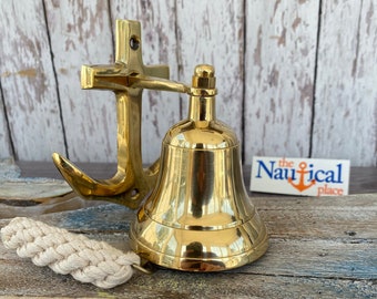 Brass Ship Bell w/ Anchor Bracket & Rope Lanyard Pull - Nautical Maritime Wall Decor