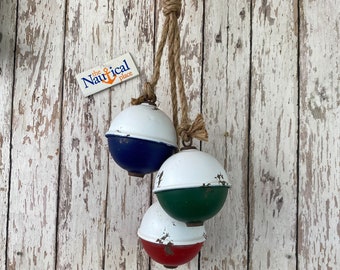 3 Metal Bobbers On Jute Rope - Baseball Size - Distressed Red, Blue, & Green - Hanging Nautical Decor - Handmade