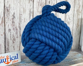 6" Monkey Fist Knot Ball Door Stop w/ Hanger Loop - Heavy Blue 5 lbs. -  Handmade Sailor Knot - Monkeyfist