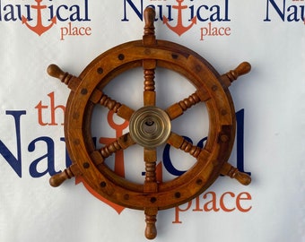 Wood Ship Wheel With Brass Center - 12", 18", or 24" Wooden Ship's Wheel - Nautical Wall Decor - Captains Steering Helm