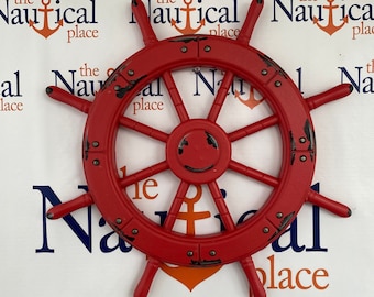 18" Painted Wood Ship Wheel - Distressed Red Finish - Large Wooden Ship's Wheel - Nautical Decor - Captains Steering Helm