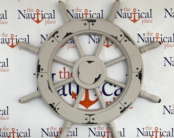 24" Painted Wood Ship Wheel - Distressed White Finish - Large Wooden Ship's Wheel - Nautical Decor - Captains Steering Helm