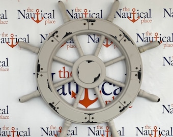 24" Painted Wood Ship Wheel - Distressed White Finish - Large Wooden Ship's Wheel - Nautical Decor - Captains Steering Helm