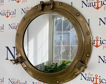 20" Antique Brass Finish Porthole Mirror - Nautical Wall Decor - Large Working Port Hole Window