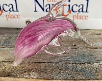 Glass Pink Dolphin Figurine / Hand Blown Nautical Paperweight - Coastal, Tropical, Beach Decor - Tabletop Decorations