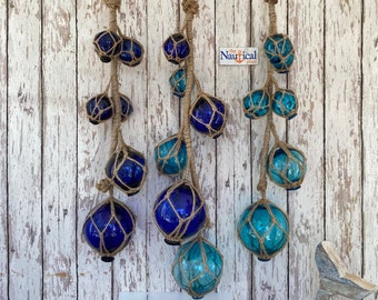 6 Glass Fishing Floats On Rope - Aqua & Cobalt Blue Styles - Fish Net Buoy Ball - Nautical Beach Decor - w/ Jute Rope Netting