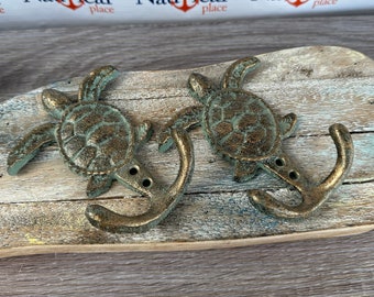 2 x Cast Iron Sea Turtle Wall Hooks - Towel Hanger - Coat, Hat, Key Rack - Nautical Decor - Bathroom Wall Hanger