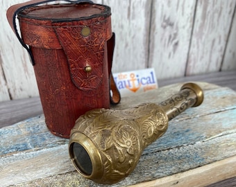 Victorian Style Etched Brass Telescope w/ Wooden Box - Antique Finish - Nautical Spyglass - Hand Held Monocular