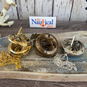 Brass Sundial Compass w/ Optional 27&quot; Chain & Velour Bag - Gold, Silver, Antique Finish - Old Vintage Pocket Style Nautical Necklace