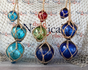 3 Glass Fishing Floats On Jute Rope, Red, Green, Blue, Aqua Fish Net Buoy, Nautical Decor