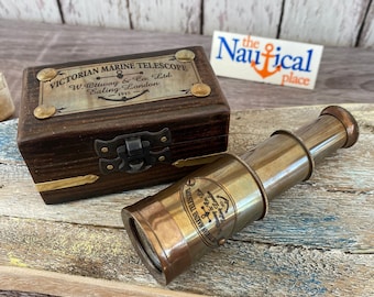 Victorian Brass Telescope w/ Wooden Box - Antique Finish Spyglass - Hand Held Monocular - Nautical Christmas Gift