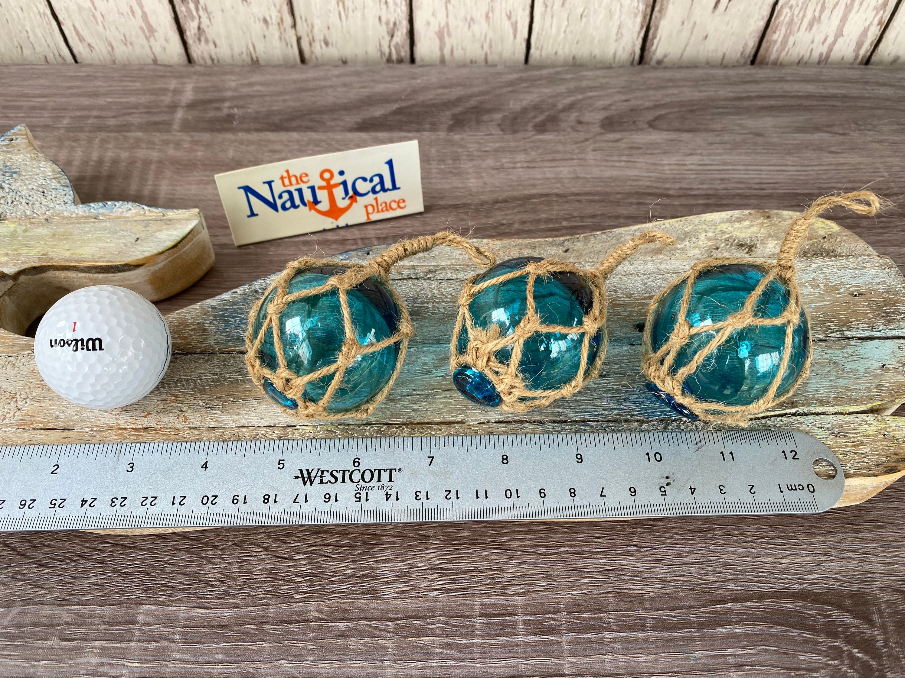 2 Aqua Glass Fishing Floats- Light Blue Turquoise Nautical Beach Decor - Fish  Net Buoy Ball w/ Rope Netting - Christmas Ornaments