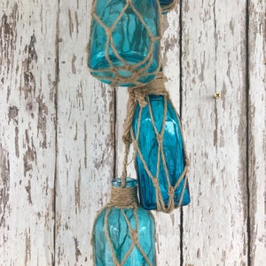 5 Aqua Glass Bottles on Rope Nautical Fish Net Buoy Ball Floats Beach ...