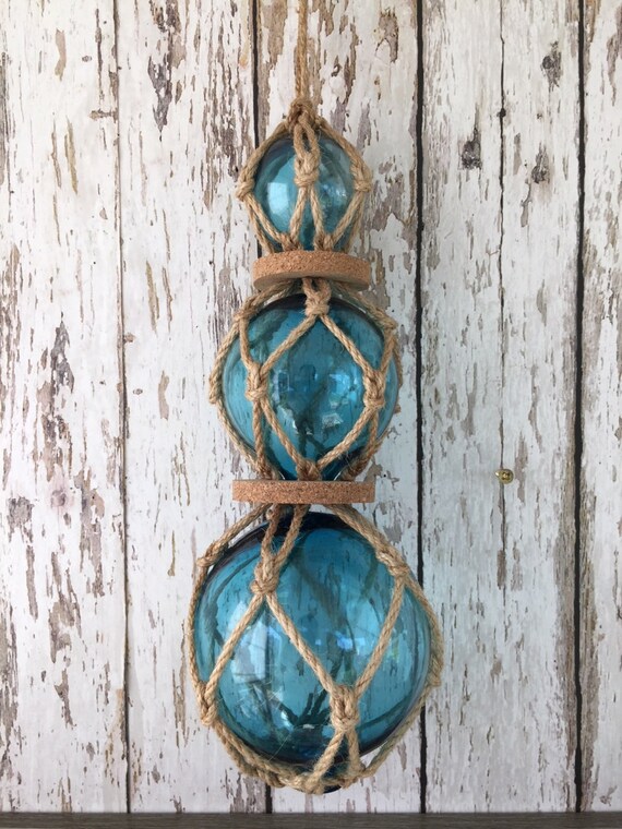 3 Aqua Glass Fishing Floats On Rope Nautical Fish Net ...