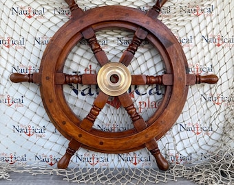 18" Wood Ship Wheel With Brass Center, Large Wooden Ship's Wheel Decor, Captains Steering Helm