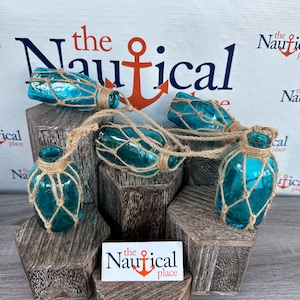 5 - Aqua Glass Bottles On Rope - Nautical Fish Net Buoy Ball Floats - Beach Decor - Light Blue, Teal w/ Rope Netting