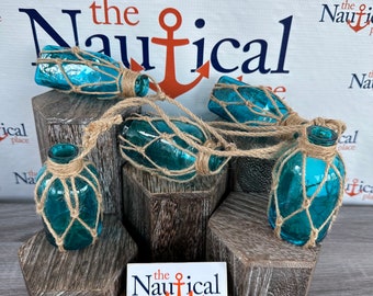 5 - Aqua Glass Bottles On Rope - Nautical Fish Net Buoy Ball Floats - Beach Decor - Light Blue, Teal w/ Rope Netting