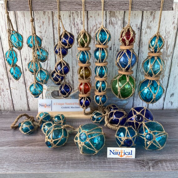 Glass Fishing Floats on Rope Fish Net Buoy Ball Nautical - Etsy