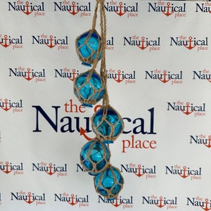 5 - 2&quot; Aqua Glass Fishing Floats On Rope - Nautical Fish Net Buoy - Light Blue Ball, Teal, Turquoise w/ Rope Netting - Beach Decor